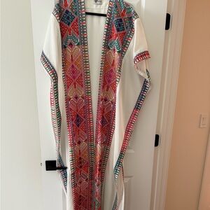 White Embroidered Open Front Kimono with Multicolor Geometric Trim